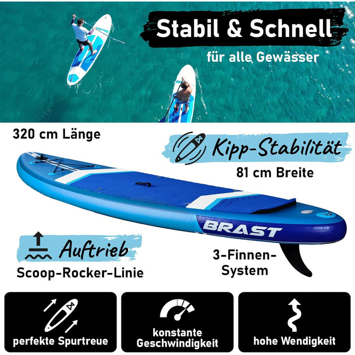 Надувний SUP Board BRAST з LED-підсвіткою | Комплект для станд-ап паддлінгу | 320x81x15 см | 4 дизайни | LED-підсвітка 10 кольорів | 5 років гарантії | 2в1 весло, сидіння для каяка, кріплення для екшн-камери, петля для ніг (Turtle Blue)