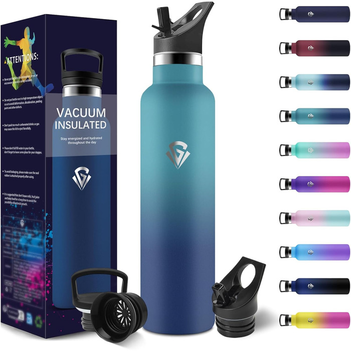 Термопляшка 1000 мл, нержавіюча сталь, без BPA, з соломкою, подвійні стінки, для води та газованих напоїв (темно-зелений & темно-синій)