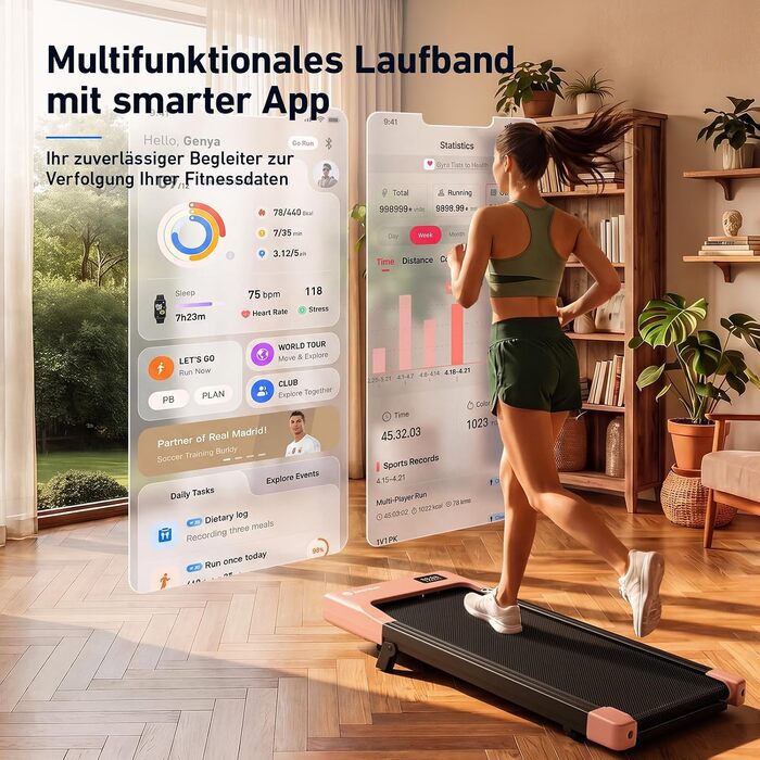 Дорожній тренажер DeerRun Walking Pad з нахилом 6%, компактна бігова доріжка під стіл для дому та офісу, з LED-дисплеєм, пультом та підтримкою App, до 136 кг, Рожевий
