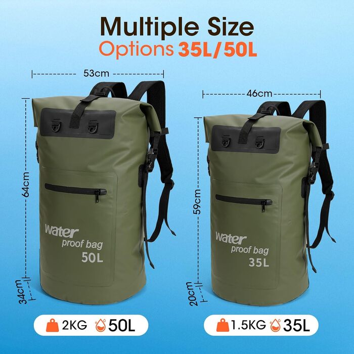 Водонепроникний рюкзак WELDUN 50L Rolltop Dry Bag з IPX8 чохлом для телефону, для каякінгу, кемпінгу, трекінгу, подорожей та водних видів спорту (Зелений, 50L)