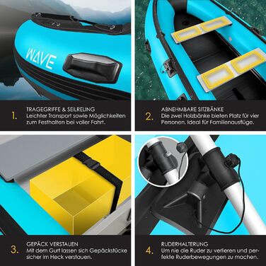 Надувне човен KESSER® 3.20 м на 4 особи - Wave Motor, для відпочинку, риболовлі, з 2 лавками, ремкомплект та сумка, блакитно-чорний PVC