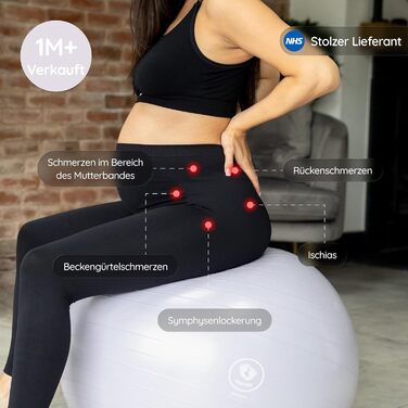 М'яч для пологів BABYGO – для вагітності, йоги, фізіотерапії та тренувань. Комплект з книгою. Підходить для всіх трьох триместрів. Плани пологів та відновлення. Екологічний, антивибуховий (Pearl, 65 см)