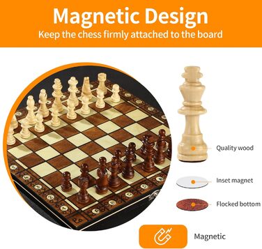 Набір для гри в шахи 3-в-1, дерев'яний, магнітний, 29 x 29 см. Шахи для дітей, для ігор, сімейних вечірок