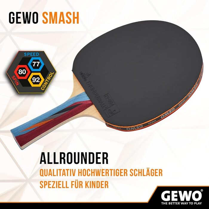 GEWO SMASH – ракетка для настільного тенісу для дітей, ITTF, для змагань, з накладкою Thunderball 2, контроль, обертання, 2,0 мм, конкавна ручка