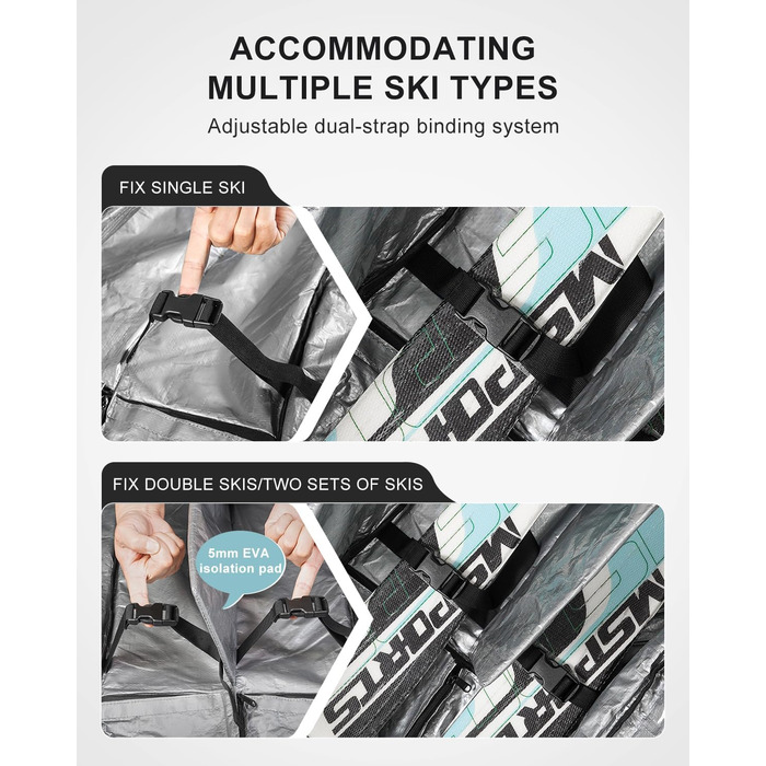 Скі-сумка Skitasche 360° з роликами, водонепроникна, 1200D, для 1/2 комплектів лиж, 190 см, Khaki