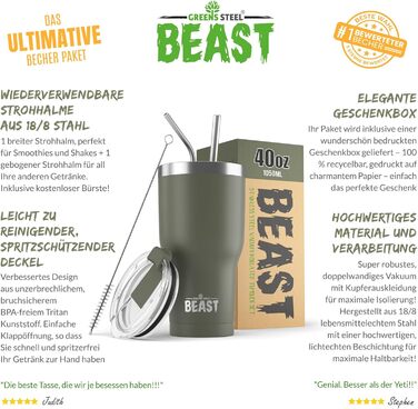 Термочашка Beast 1050 мл армійсько-зелена, багаторазова, з 2 трубочками та щіткою, двошаровий термостакан з нержавіючої сталі для кави або айс-кави, 40 унцій