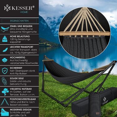 Гамак KESSER® з металевим каркасом, складний, регульований, стабільний. Для дому та саду, кемпінгу, відпочинку на балконі, терасі, біля басейну. У комплекті сумка. Колір: антрацит.