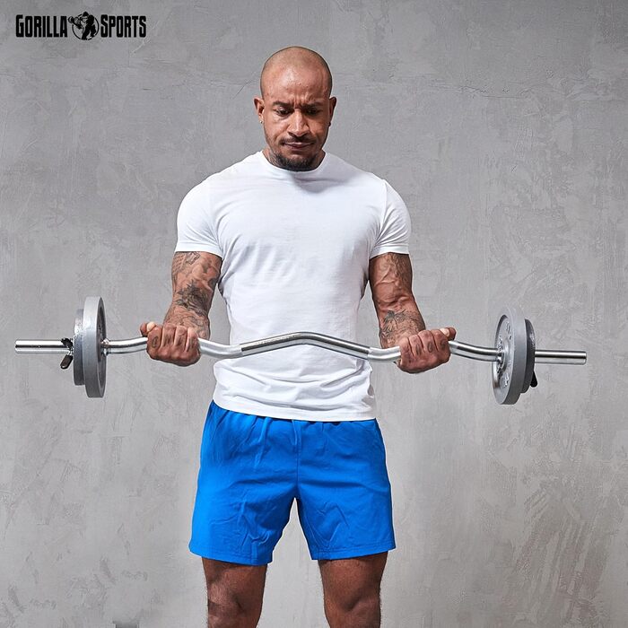 SZ-штанга GORILLA SPORTS 120 см, до 180 кг, 30/31 мм, хромована, з насічками та 2 пружинними замками – вигнута штанга для біцепса, рифлена, неслизька