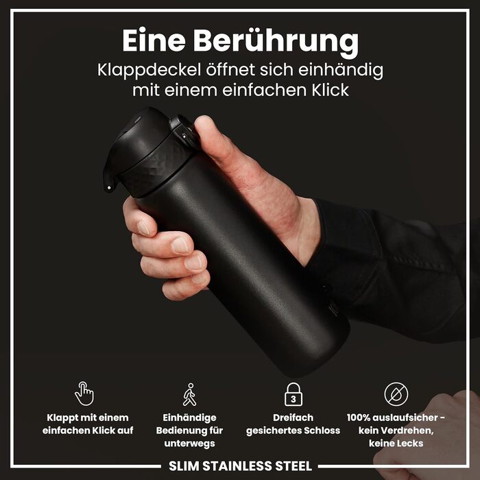 Сталева пляшка для води ION8 Evo Steel, 600 мл, герметична, з одним натисканням та замком, чорна