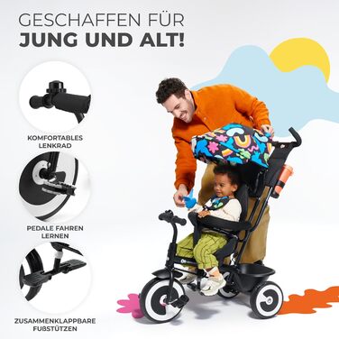 Триколісний велосипед Kinderkraft ASTON для дітей від 9 місяців до 25 кг з батьківською ручкою, поворотним сидінням, сонцезахисним козирком, корзиною та тримачем для напоїв (Happy Shapes, Single)