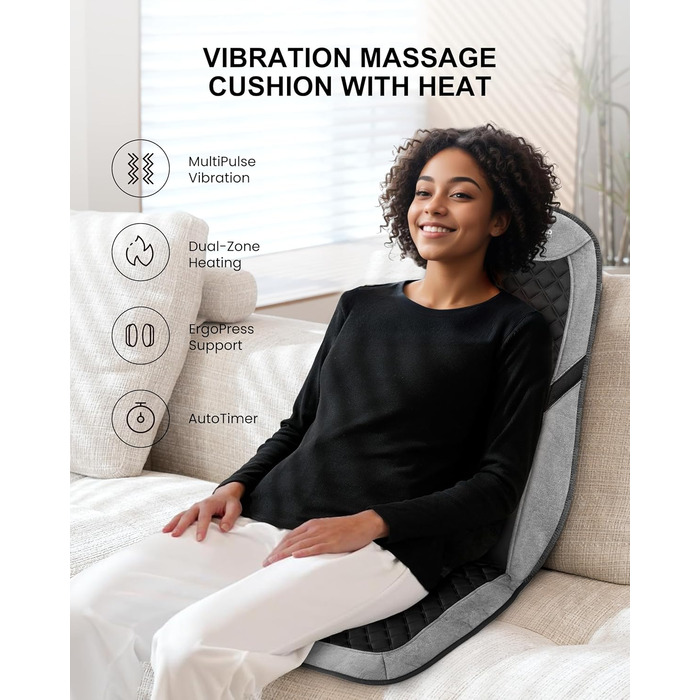 Масажний килимок Comfier з підігрівом та регульованою поперековою підтримкою, вібруючий масажний сидіння, масажер спини для зняття втоми спини, подарунок для жінок, чорно-сірий