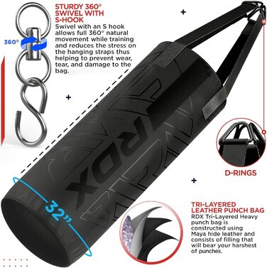 Дитячий боксерський мішок RDX, 60 см. Набір для боксу, кікбоксингу, MMA, муай-тай, карате. Боксерський мішок з натуральної шкіри Maya Hide для хлопчиків та дівчаток. Чорний боксерський мішок RDX без рукавичок