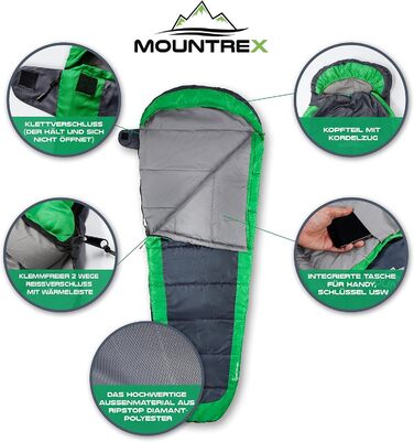 Сплячий мішок MOUNTREX® – ультралегкий та компактний (850г) – для відпочинку на природі, літній спальний мішок, мумієподібний (205x75 см) – малий об'єм при згортанні, легкий – для підлітків та дорослих + подарунок: надувне зелене подушечка для подорожей