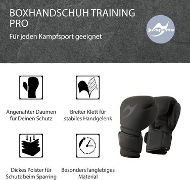 Боксерські рукавички Ju-Sports Training Pro 18 oz, чорні, PU-шкіра, з фіксацією великого пальця, на липучці, для чоловіків і жінок