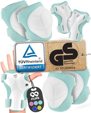 Дитячі захисні наколінники та налокітники 99FLIPS FLASH XS, м'ятні, 3-8 років, сертифікат TÜV Rheinland, комплект 6 шт. для роликів та спорту