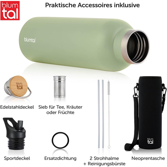 Термос-пляшка Blumtal 1л з нержавіючої сталі, подвійні стінки, ізоляція, без BPA, 1000 мл, зелений колір
