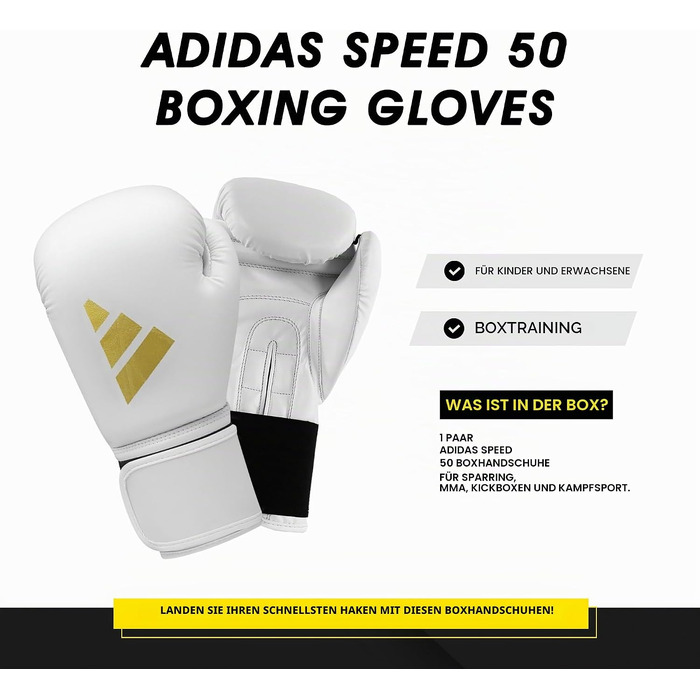 Боксерські рукавички Adidas Speed 50 для дорослих, 14 oz, білі/золоті — комфортні та довговічні