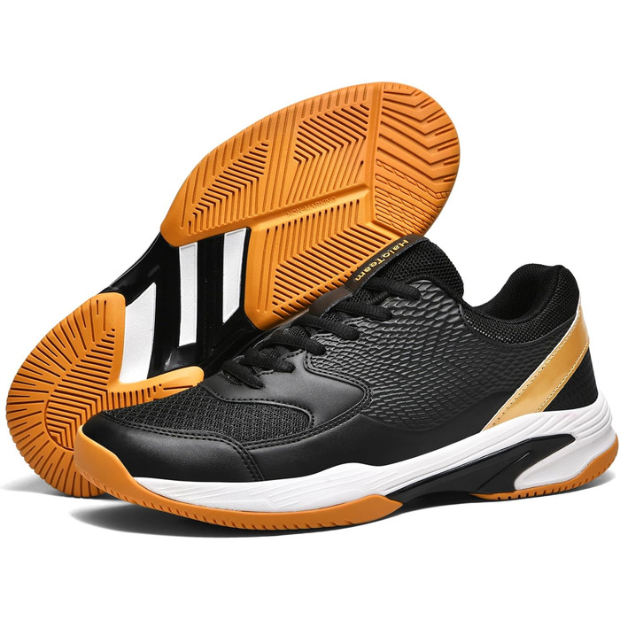 Чоловічі тенісні кросівки HaloTeam: мода, зчеплення, легкість, дихання. Ідеальні для бадмінтону, сквошу, волейболу. Розміри 38-45. Колір: чорний, золотий. Модель 5803