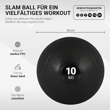 MSPORTS Slam Ball Premium 10 кг — медичний м'яч для кросфіту, тренувань, чорний