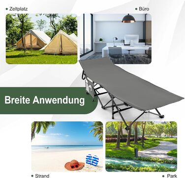 Розкладне ліжко SOARS для кемпінгу та відпочинку: стабільне металеве ліжко з кишенею та сумкою, до 272 кг, для відпочинку на природі та вдома, зелений (сірий)