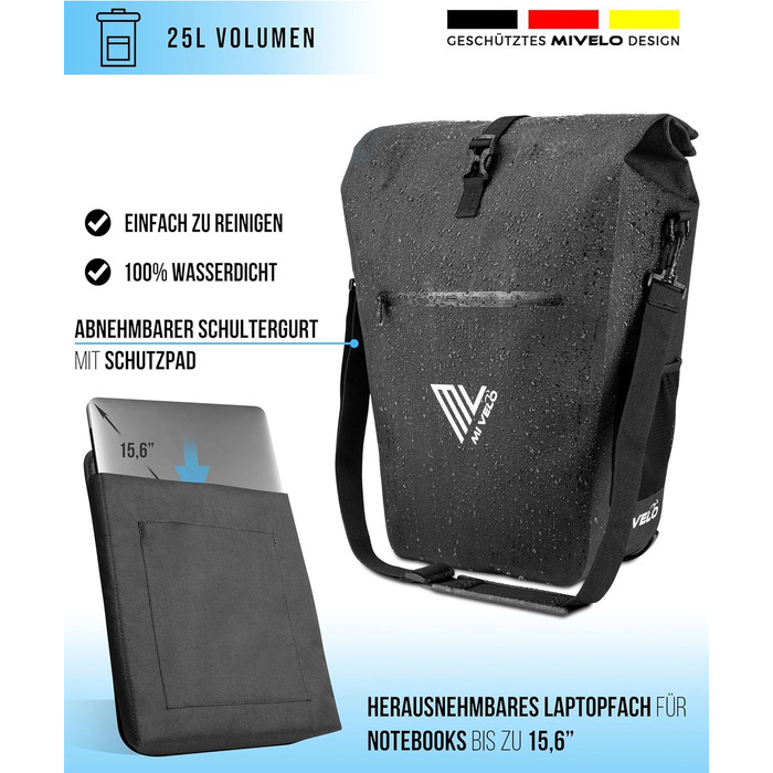 Велосумка MIVELO 2в1 для багажника, водонепроникна, з відділенням для ноутбука та плечовим ременем, 20 л, карбон