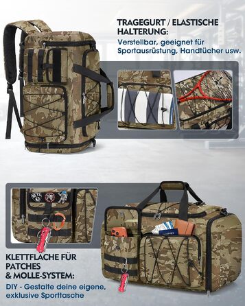 Спортивна сумка RAINSMORE 45L 3-в-1 для фітнесу та подорожей з відділенням для взуття та вологих речей, водонепроникна дорожня сумка (Хакі Камуфляж)