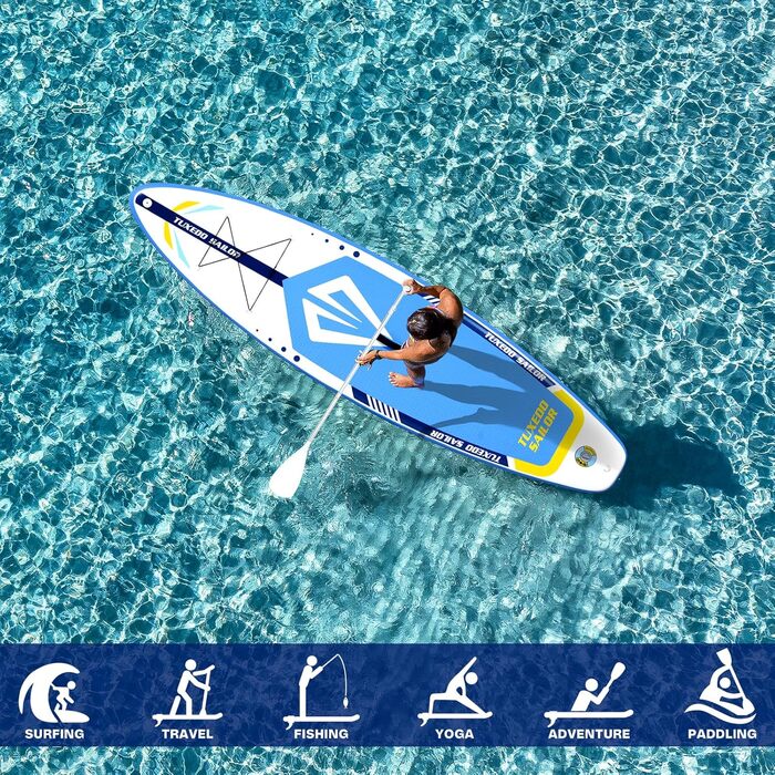 Надувне SUP-борд Tuxedo Sailor Stand Up Paddle Board з аксесуарами, для дорослих та підлітків, блакитний та жовтий