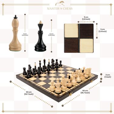 Шаховий набір Master Of Chess Staunton 50 см, дерев'яний, бук і береза, преміум-якість, велика дошка для гри, елітне шахове поле