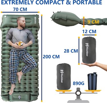 Килимок для кемпінгу Hioutdoor самонадувний 10 см, Ultralight, з помпою/подушкою, для пікніків, походів, пляжу, рюкзака, намету, повітряний матрац, спальний килимок, зелений