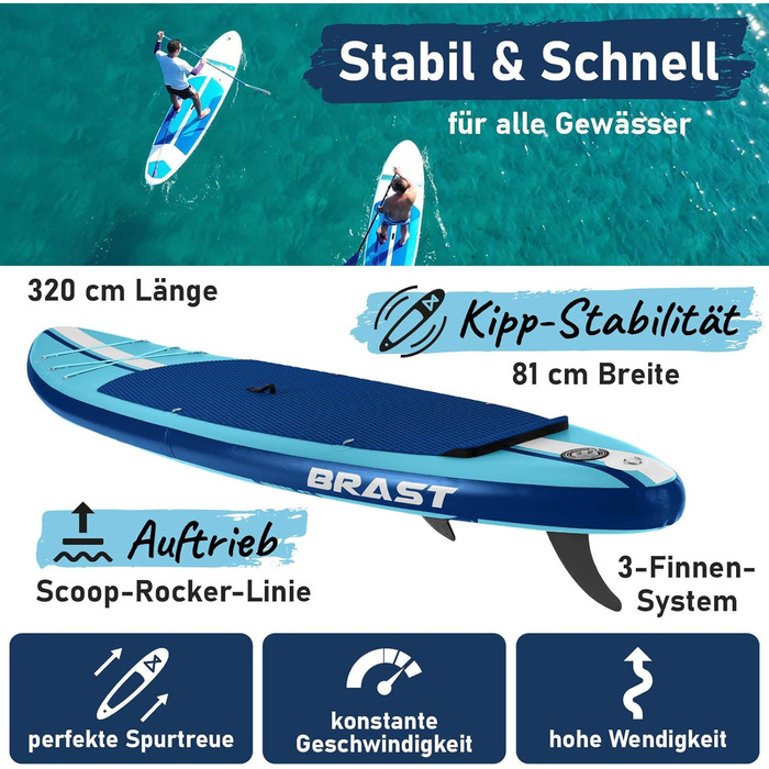 SUP Board BRAST Shark надувний, 320x81x15 см, блакитний: комплект для падлбордингу з аксесуарами (каяк-сидіння, камера, помпа, рюкзак)