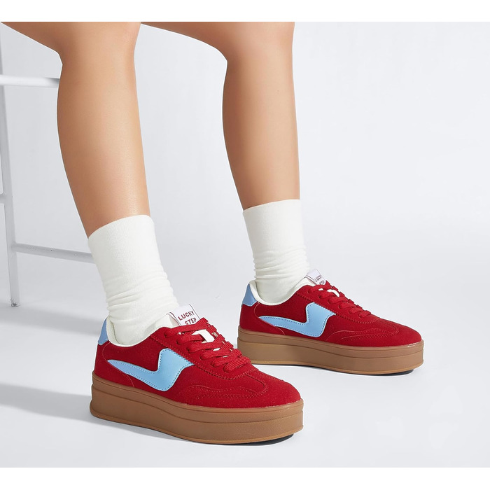 Жіночі кросівки на платформі LUCKY STEP – модні масивні кросівки, зручні шнурівки для повсякденного носіння та прогулянок з прошитими деталями, чорно-білі (червоно-сині, 36 EU)