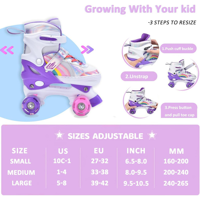 Ролики дитячі та жіночі ERAN з LED підсвіткою, комфортні, для початківців та підлітків, подарунок на Різдво та день народження (Райдужний фіолетовий, S)