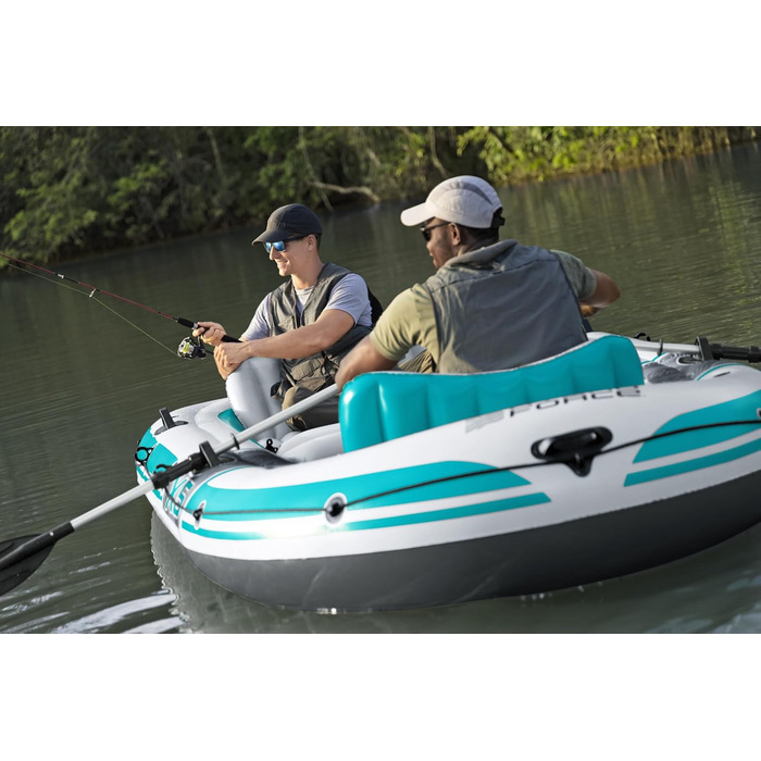 Надувний човен Bestway Hydro-Force Adventure Elite X5, 5-місний, з насосом, веслами, сидіннями, сумкою для спорядження, 364x166x45 см, бірюзово-сірий