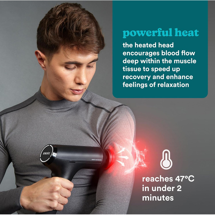 HoMedics масажний пістолет для тіла, бездротовий, з підігрівом, 5 насадок, для шиї, плечей, спини, чорний, перезаряджуваний