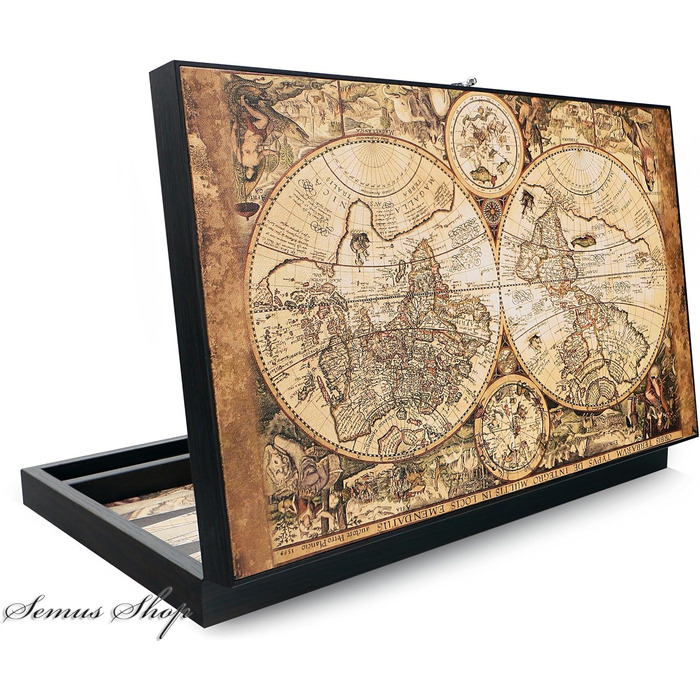 Набір для гри в нарди Trendy Antique Map XXL з картографічним дизайном, розкладне поле з екошкіри, 49 x 30 x 6 см, з 30 шашками та 2 кубиках – турецька якість