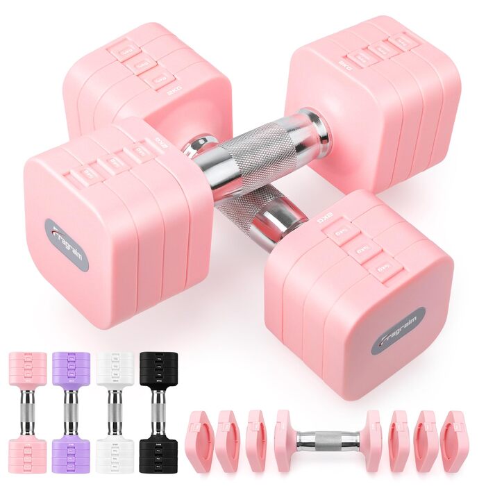Набір гантелей Fragraim 5 кг x 2, регульовані, рожеві. Ідеально для фітнесу вдома, силових тренувань жінок та чоловіків. Гантелі для дому, силові тренування.