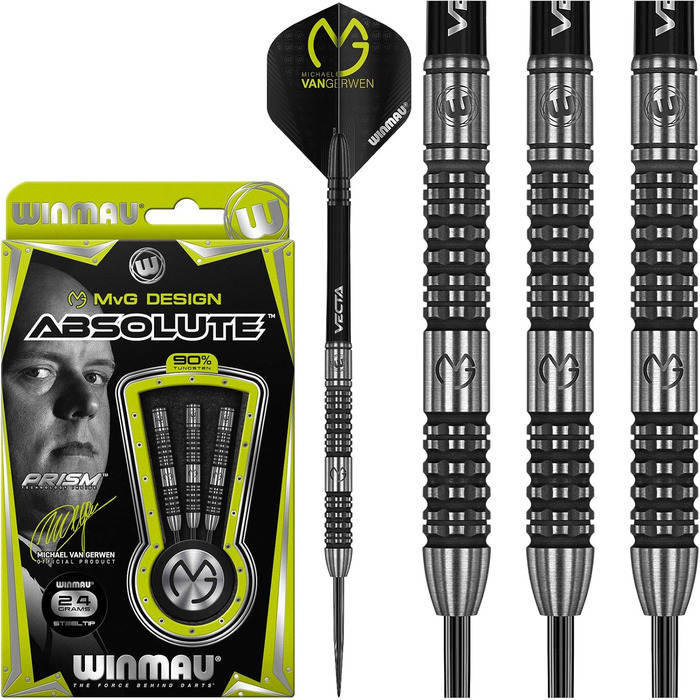 Дротики WINMAU Michael Van Gerwen MvG Absolute 24 г вольфрамові для дартсу, сталевий наконечник, набір з оперенням і хвостовиками, професійні