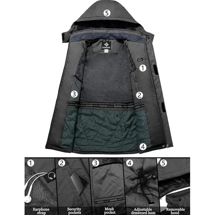 Чоловіча куртка GEMYSE для сноубордингу та лижного спорту, вітро- та водонепроникна, з флісовою підкладкою, зимова, з капюшоном, XL, сірий колір