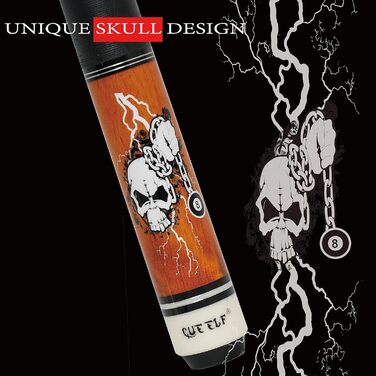 Професійний бик для більяру CUEELF з мотивом черепа, тверде дерево, канадський клен, 13 мм, чорна вершина