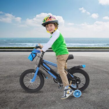 Дитячий велосипед 14 дюймів для хлопчиків та дівчаток 3-7 років, з додатковими колесами, регульована висота, з брудозахистом та пляшкою для води, для катання на відкритому повітрі