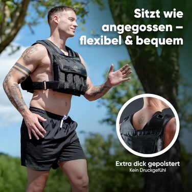 Вага для тренувань PURE MAJIN® 20 кг, регульована, з кишенею та металевим ременем | Фітнес, воркаут, біг, калістеніка, обладнання, вага, тренування - чорний або камуфляжний чорний