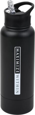 Термос-пляшка з нержавіючої сталі, вакуумна ізоляція, потрійна стінка, з подвійним кришками (соломинка та виливний носик) + приховане відділення для зберігання, без витоку, багаторазове використання, чорна туристична термопляшка