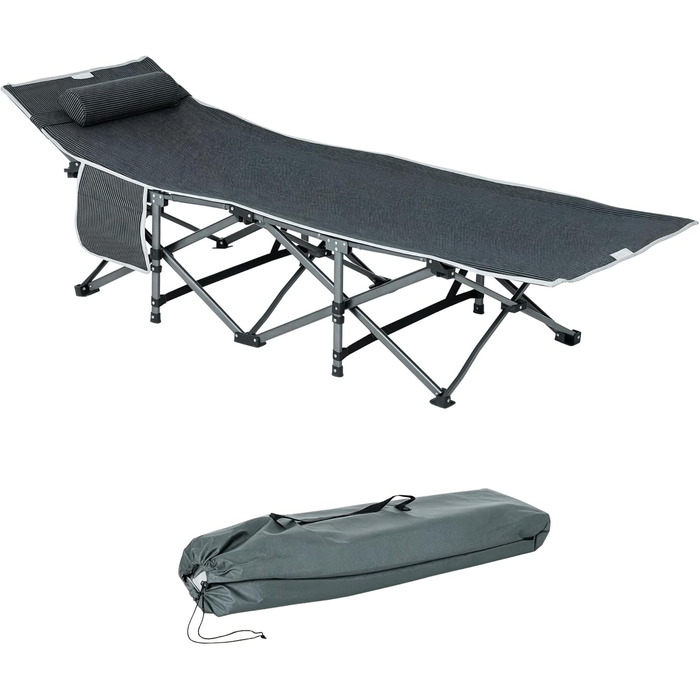 Розкладне туристичне ліжко Outsunny з подушкою та кишенею, сіре, 188 x 64,5 x 53 см, до 150 кг