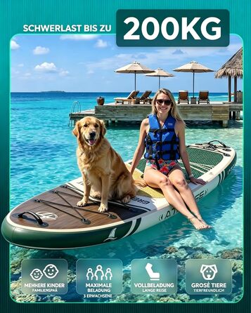 SUP дошка для плавання стоячи з сидінням та аксесуарами, 320x84 см, зелений (Waldgrün-Holz), вантажопідйомність 200 кг, для 2 осіб