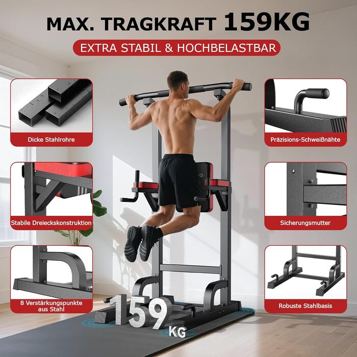 Силовий комплекс Pooboo Power Tower: багатофункціональний турнік з брусами для дому, 11 рівнів регулювання висоти, еластичні стрічки, чорний