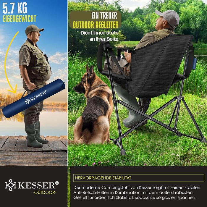 Крісло для кемпінгу KESSER® зі спинкою, 160 кг, з підсвіткою та тримачем для напоїв | Розкладне крісло-гойдалка для риболовлі, пляжу, відпочинку, хакі (темно-синій/чорний)
