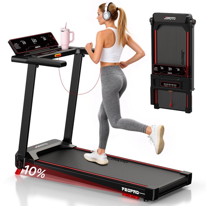 Біговий тренажер JOROTO з нахилом 10%, складаний, до 12 км/год, LED-дисплей, Bluetooth, 2.75 HP, для дому та офісу, до 130 кг