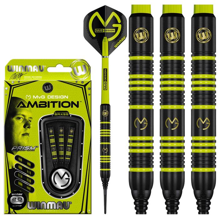 Дарти WINMAU Michael Van Gerwen MvG Ambition Professional (латунь) з пір'ям та стрижнями, сталеві та м'які (20 г)