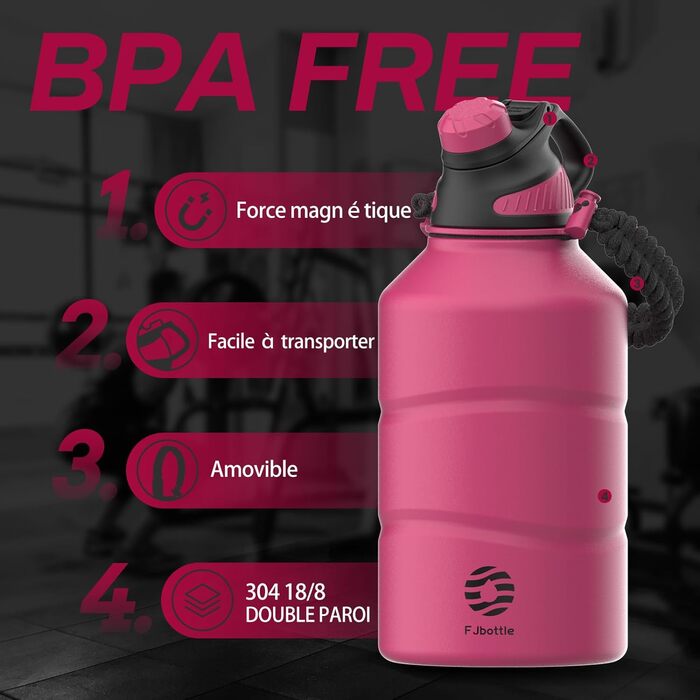 Термос Fjbottle 1900 мл з нержавіючої сталі, магнітна кришка, BPA Free, подвійна стінка, для газованої води, спортивна пляшка для води, університет, спортзал, кемпінг, аутдор, колір магента
