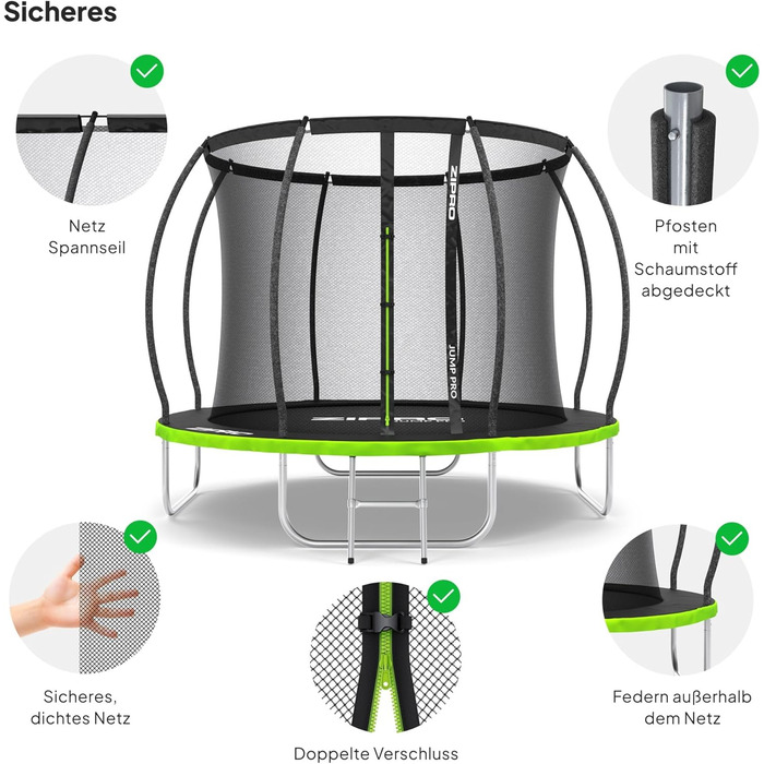 ZIPRO JumpPro Premium Трамплін для дітей Outdoor, Садовий трамплін з сіткою, Водостійкий, UV-захист, Легка збірка, Максимальне навантаження до 150 кг, Ø 252/312/374/435/496 см (10' - 252 см)